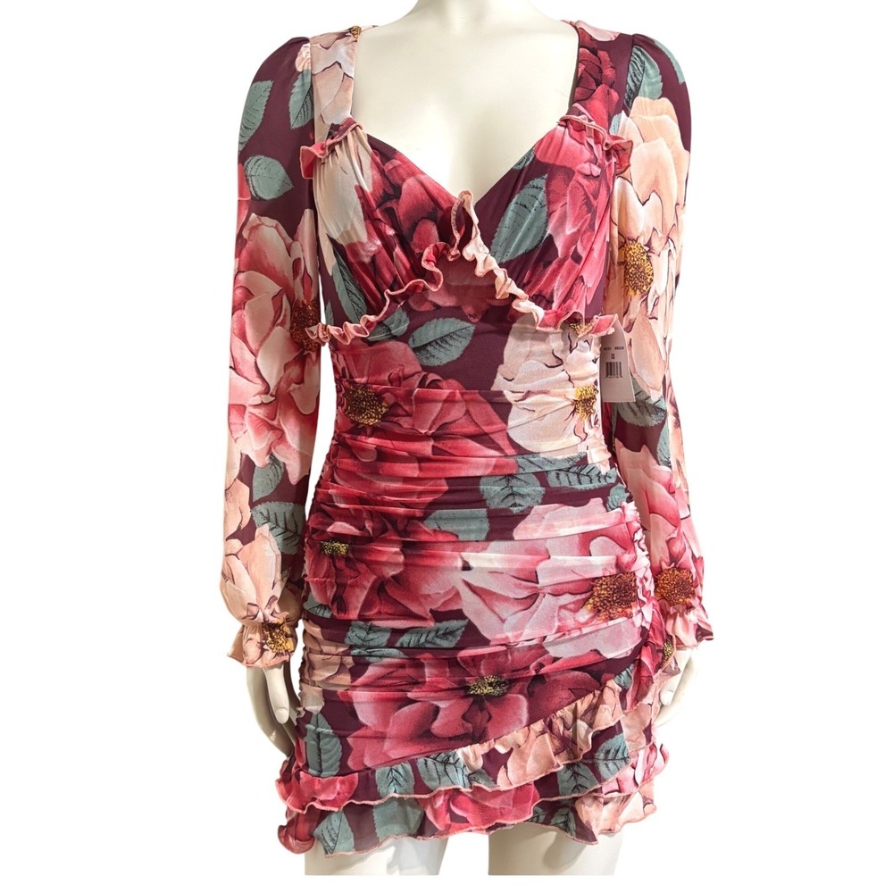 Crystal Doll Floral Ruched Mini Dress Burgundy Pink Sheer Sleeve Mesh XS NWT